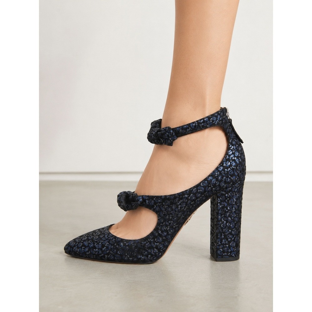 Aquazzura Blue Metallic Floral Bow Block Heel Pumps IT 37.5 US 7.5 Feminine